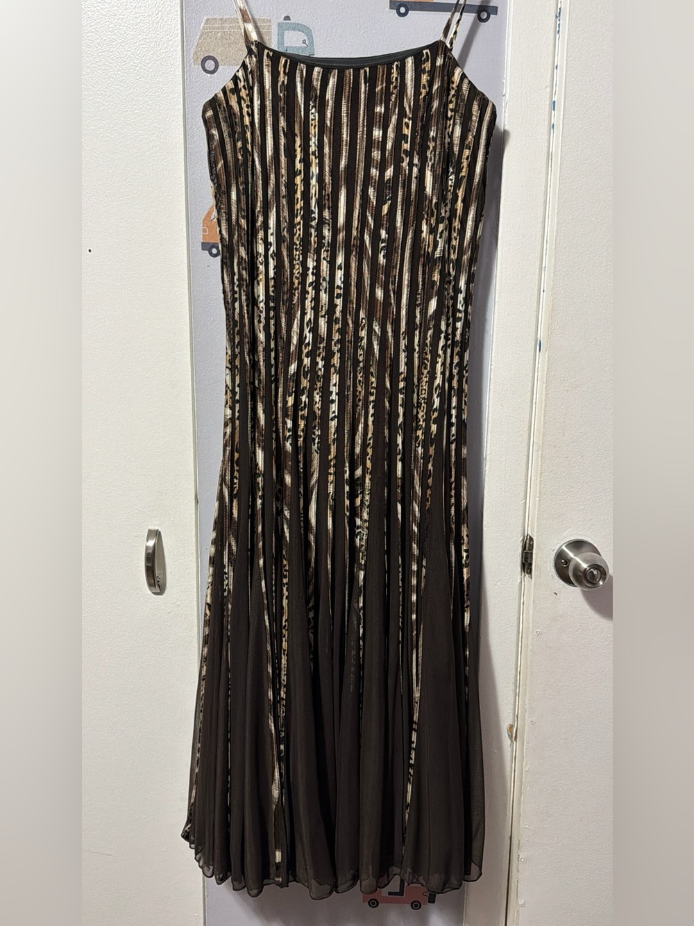 Sandra Darren Brown and Beige Striped Pleated Maxi Skirt